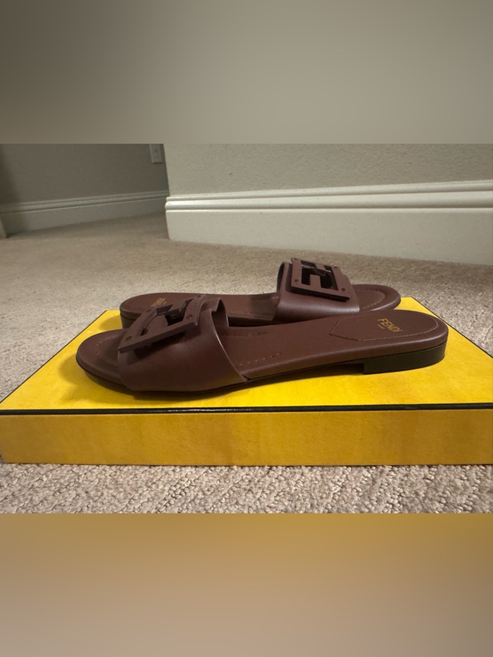 Fendi Brown FF Cutout Leather Slide Sandals - Picture 4 of 7